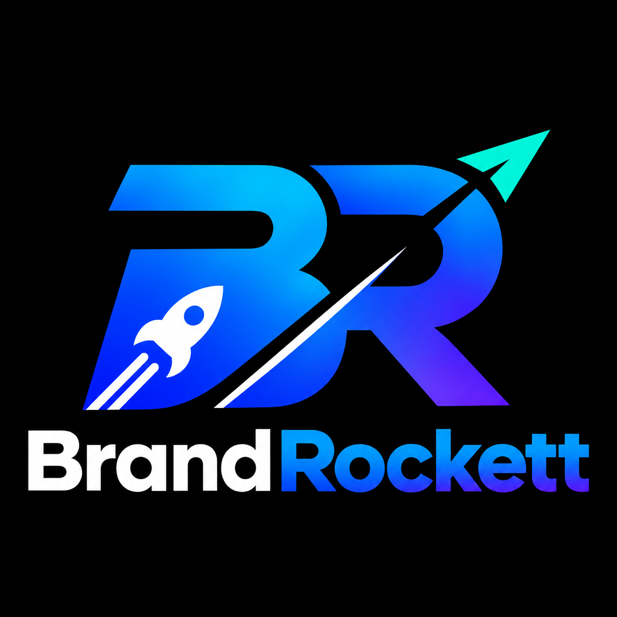 BrandRockett logo with blue-purple BR rocket emblem on black background