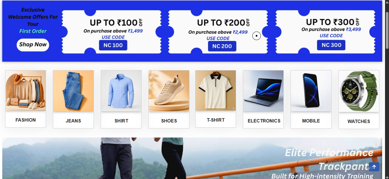 Website shopping homepage with discounts, categories, fashion, electronics, and watches