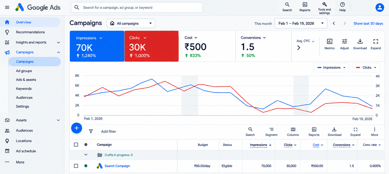 High-resolution Google Ads campaigns dashboard showing metrics, chart, and campaign data.